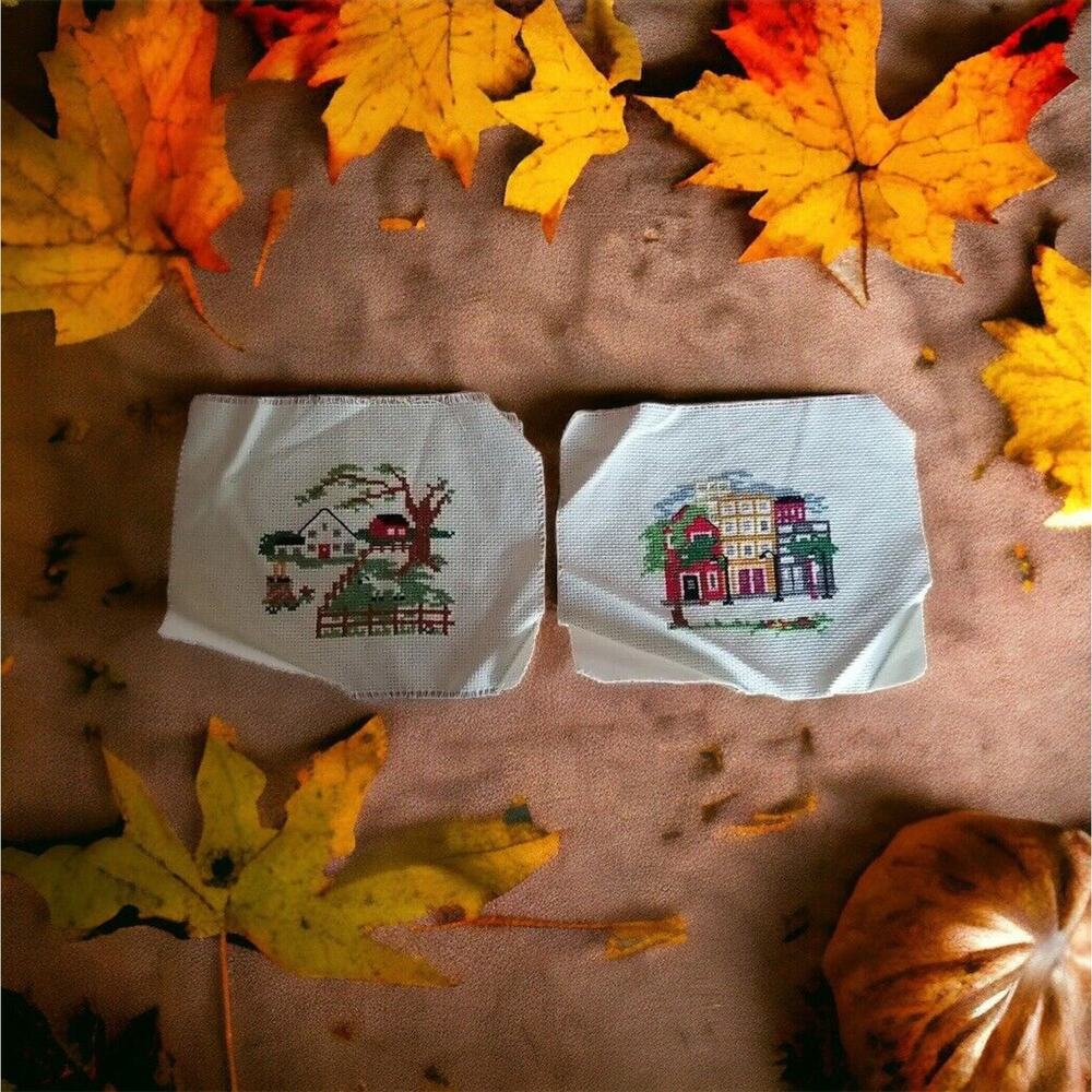 Vintage Completed Farm &‎ Buildings Samplers Crossstitched Set of 2 Unframed